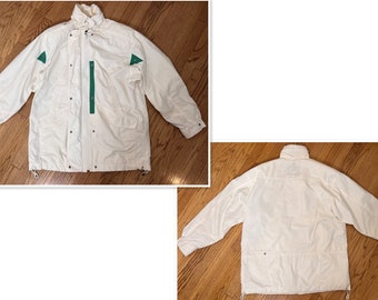 1980s White Cotton Blend Oversized Windbreaker Jacket by London Fog/Green Accents/Hidden Placket/Drawstrings/Snap Closure/Vintage Outerwear