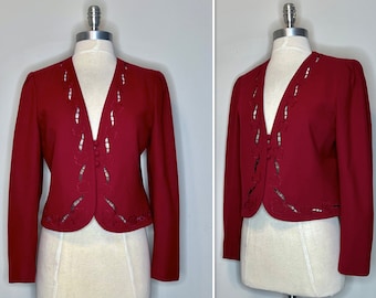 80s Cranberry Red Wool Blend Cropped Jacket by Sasson with Cut out Embroidered Floral Design/3 Button Closure/Fully Lined/Vintage Size 6