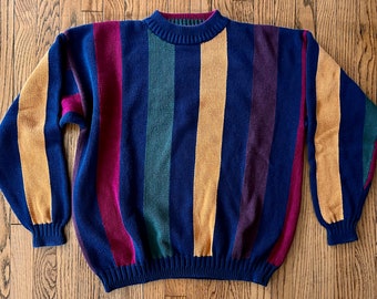 80s Cotton International I.N.C. Concepts Navy Green Orange Burgundy Striped Crew Neck Pullover Sweater/Made in India/Size Medium