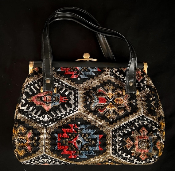 Red Beaded Purse 1960s Tapestry Carpet Bag: Mid Century Geometric Purse