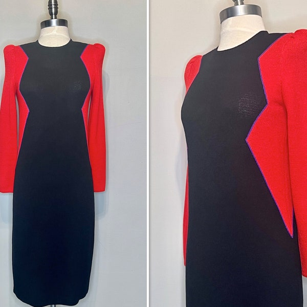 Classic 80s/90s St. John by Marie Gray Black and Red Knit Sweater Sheath Dress with Purple Trim Detail/Geometric Color Block Design/Small