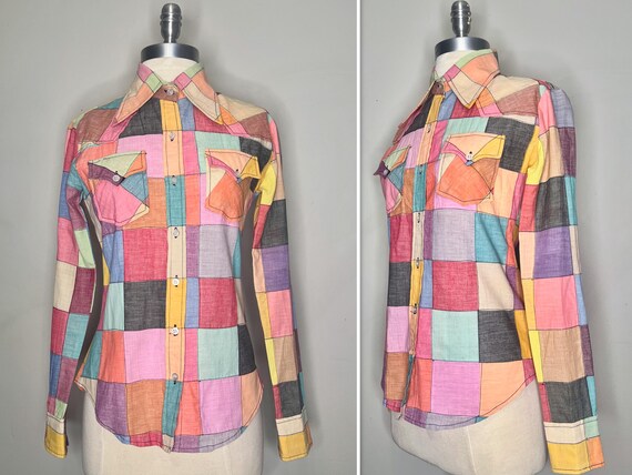 70s Boho Cotton Patchwork Madras Button Blouse wi… - image 7