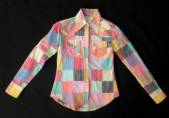 70s Boho Cotton Patchwork Madras Button Blouse wi… - image 1