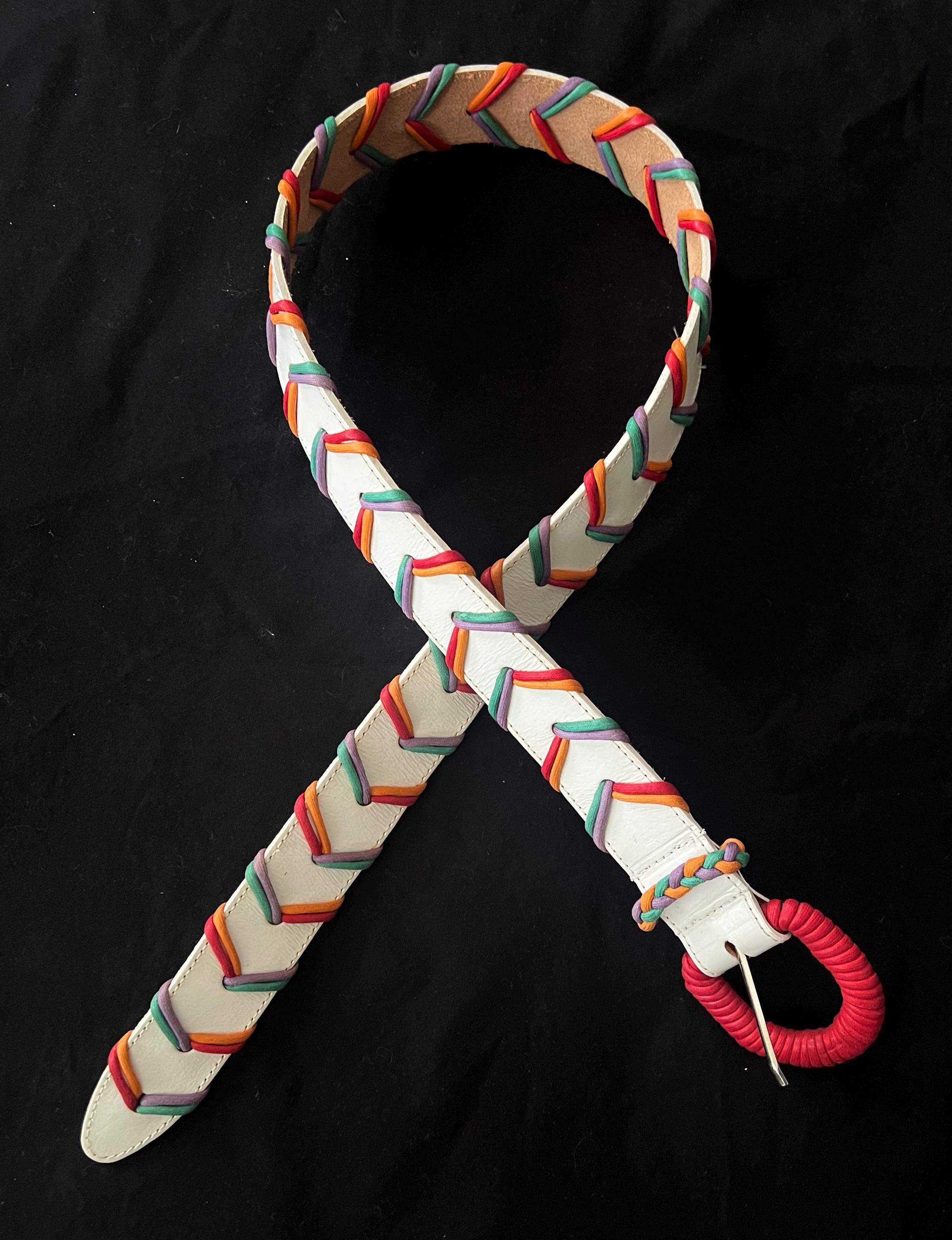 80s Woven Leather Belt: Ginnie Johansen White Belt, Colorful  display picture 3
