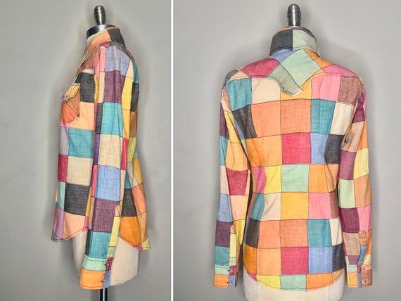 70s Boho Cotton Patchwork Madras Button Blouse wi… - image 8