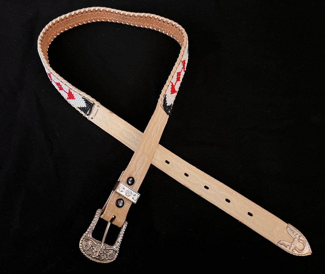 White Beaded Native American Belt With Silver Toned Buckle and Tip ...