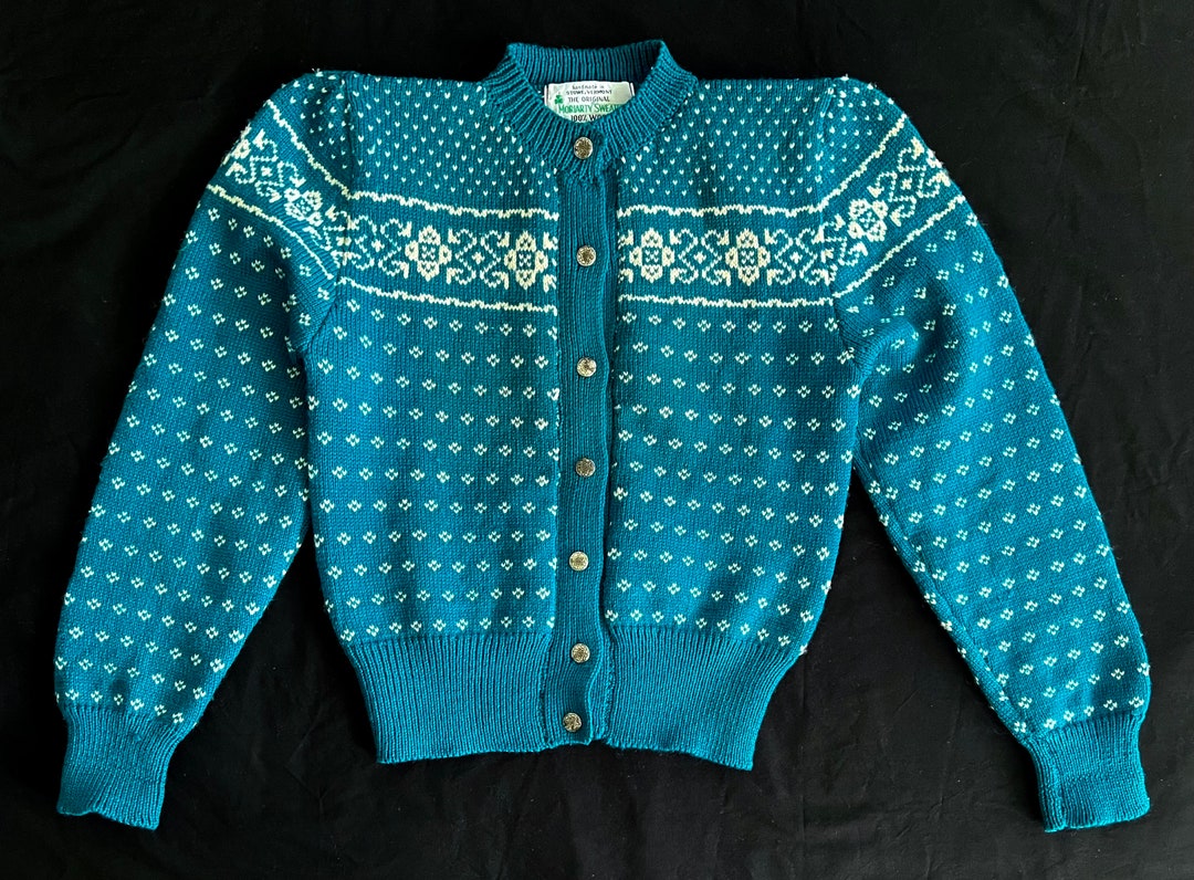 90s Hand Knit Wool Fair Isle Cardigan: Teal Blue Moriarty Sweater