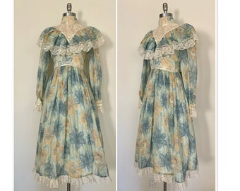 Gunne Sax Style Fabulous 1970's Sheer Blue Floral Maxi Prairie Dress/ High Lace Neckline/Capelet Over Piece/ Vintage 70s Boho Chic