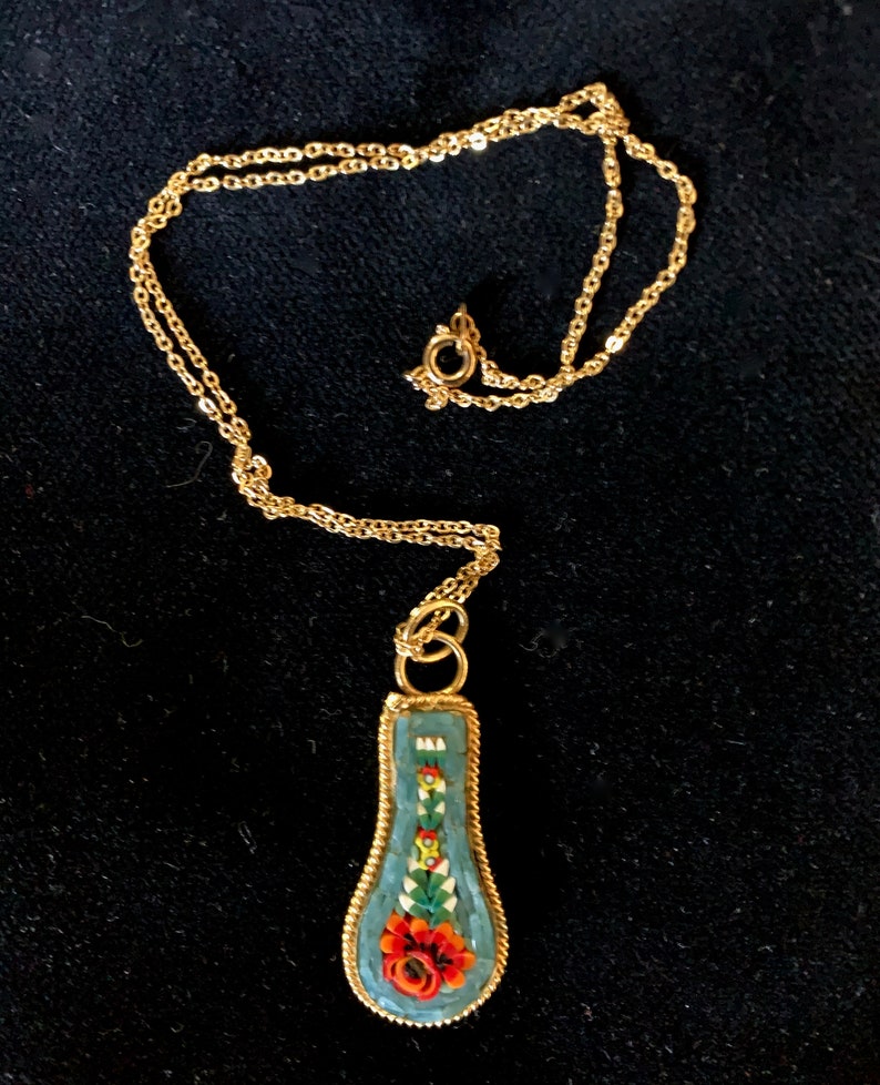 Lovely Micro Mosaic Blue with Red and Yellow Flower Pendant on Delicate Chain Made in Italy
