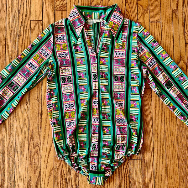 70s Vibrant Psychedelic Print Nylon Bodysuit by Fanfare/Dagger Collar/Snap Crotch/Front Zip/Disco Glam Rock/Vintage Rocker/Size 14