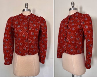1990's Deep Red Calico Quilted Jacket by Vera Bradley Designs/Blue Polka Dot Lining/Cropped Collarless Jacket/Vintage Grandma Floral Print