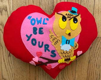 Handmade Wool Felt Heart Pillow: Vintage Owl Valentine Decor