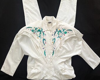 Fabulous 1980s White Cotton Bedazzled Jumpsuit by I.F.F. with Rhinestones and Vinyl Glitter/Western Styling/Size 10/Small
