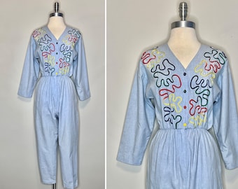 80s Light Blue Cotton Chambray Jumpsuit by Or-Lee with Bright Soutache Trim and Faux Pearl Embellishments/Elastic Waist/Tapered Legs/Size XS