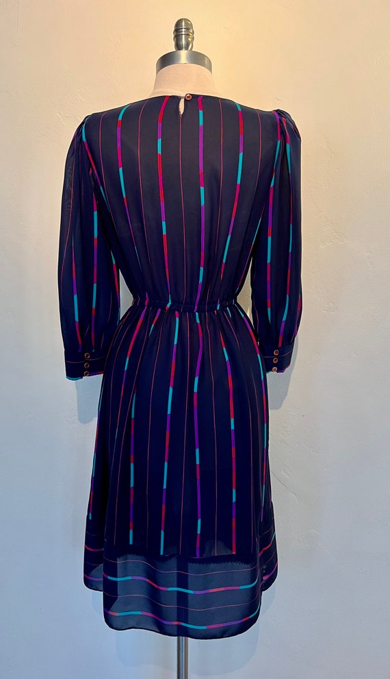 1980s Blue Striped Polyester Dress/Elastic Waist/… - image 2
