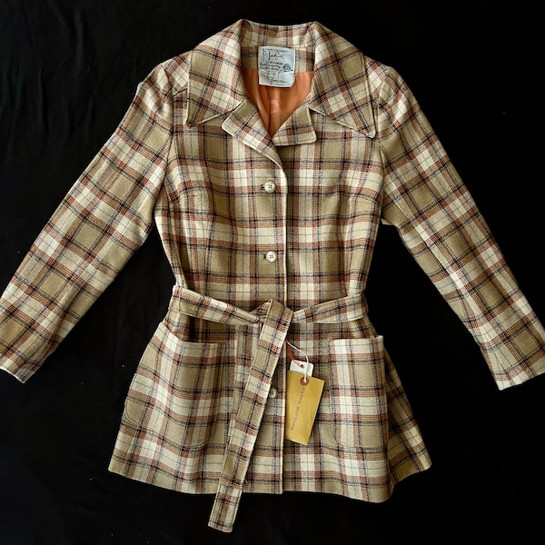 1970s Deadstock Tan Plaid Wool Jacket with Waist Belt by Jackfin in Pendleton 49er Style/Patch Pockets//Original Tags Attached/Vtg Size 6