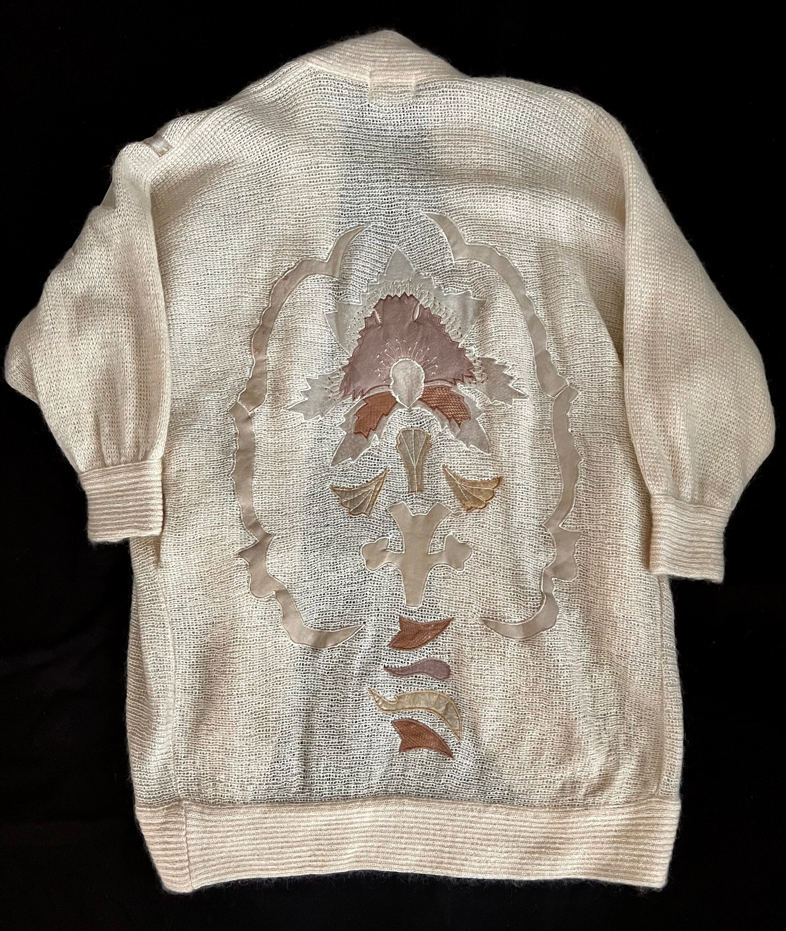80s Freeform Abstract Cream Wool Mohair Applique Sweater
