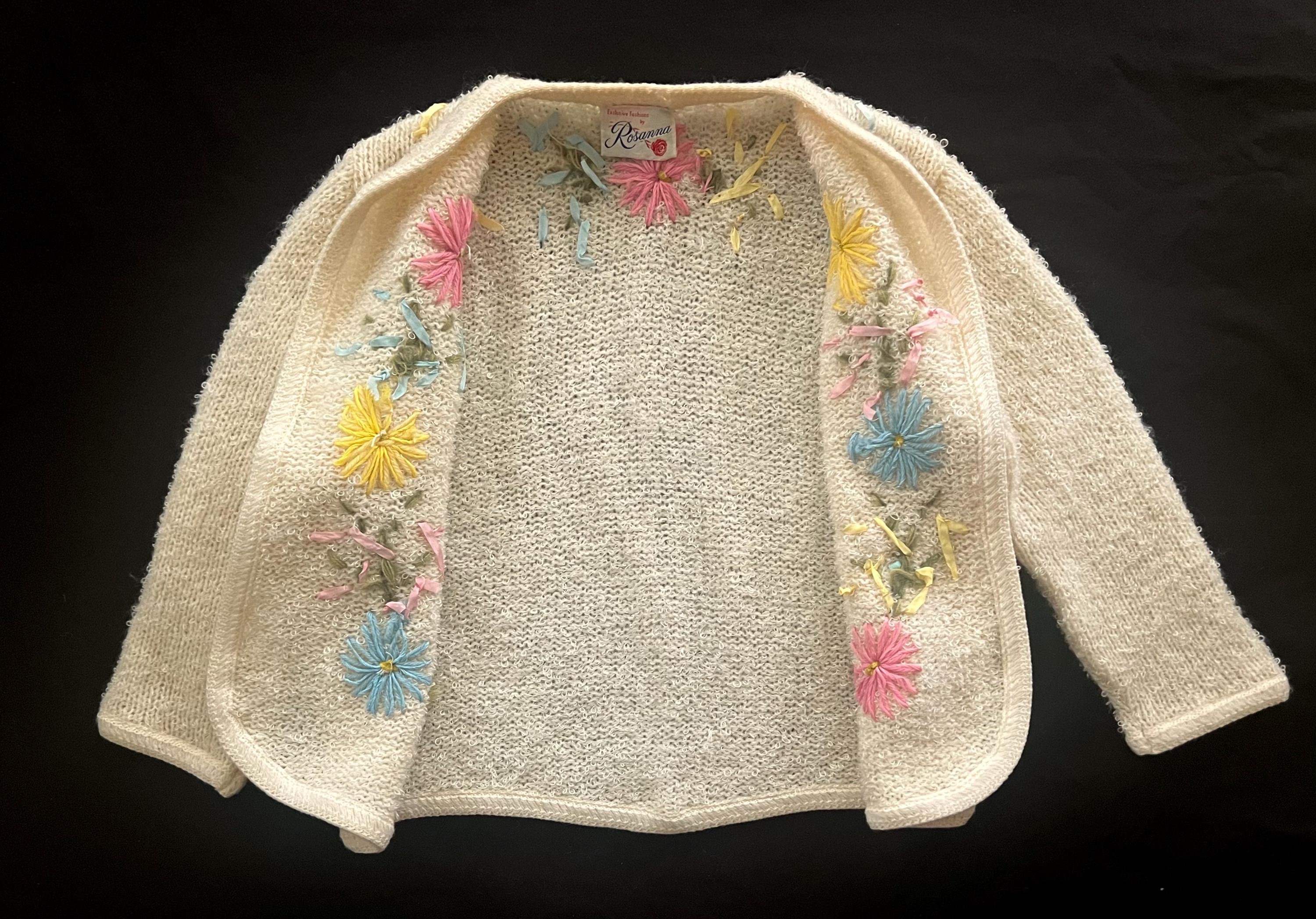 1960s Rosanna Hand Knit Cream Cardigan With Embroidered Yarn