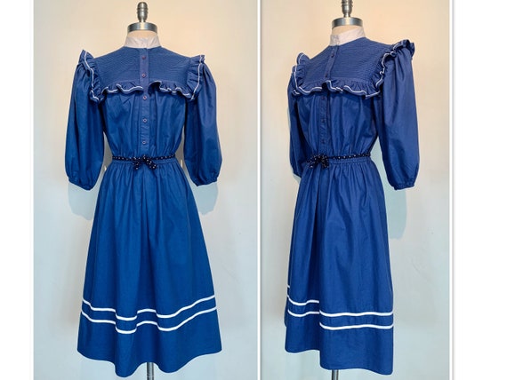 Vintage 1980's Royal Blue Cotton Day Dress with R… - image 1