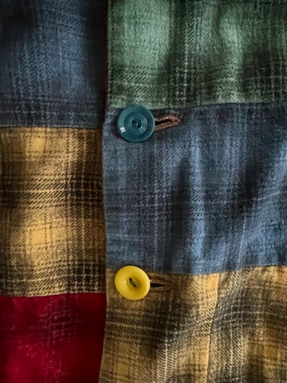60s Mixed Plaid Flannel Patchwork Button Up Shirt… - image 6