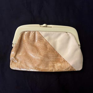 80s Tan Crocodile and Cream Leather Clutch Handbag/Plastic Frame/Made in Italy