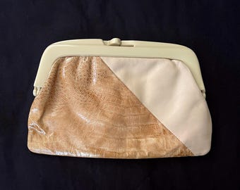 Torebka kopertówka z lat 80., skóra krokodyla i kremu, rama z tworzywa sztucznego, wyprodukowana we Włoszech