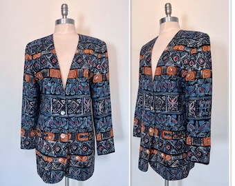 George Georgiou 1980s Oversized Silk Batik Blazer/Shoulder Pads/Vintage New Wave Jacket/Albacore Buttons