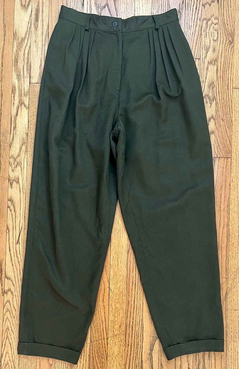 Late 80s Banana Republic Safari Travel Company Rayon Wool Blend Olive Drab Pleated Pants/High Waisted/Out of Africa/Vintage Size 10 image 2