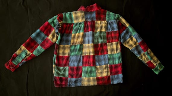 60s Mixed Plaid Flannel Patchwork Button Up Shirt… - image 2