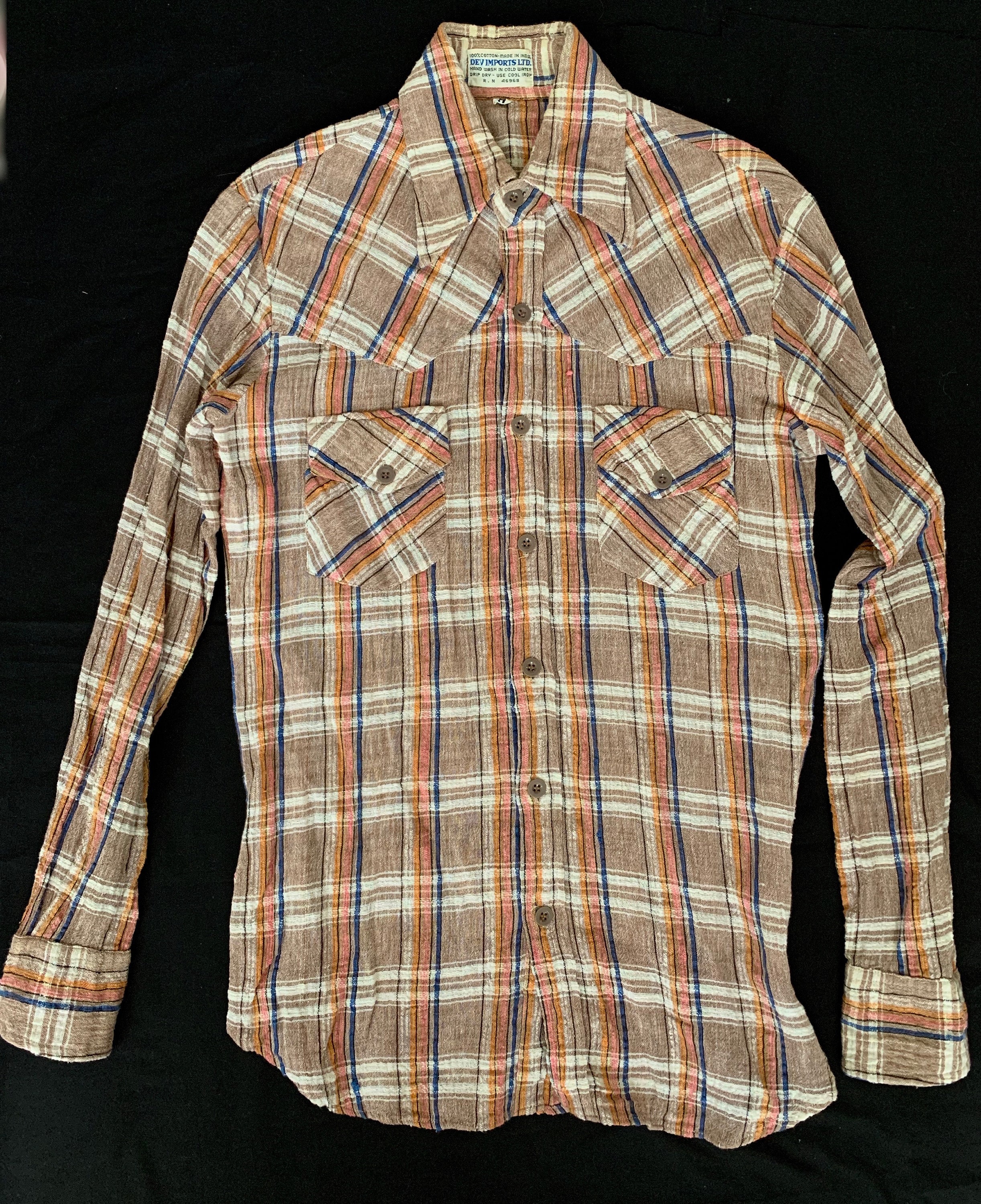 Vintage Mens 1970s Indian Gauze Plaid Shirt by Dev Imports