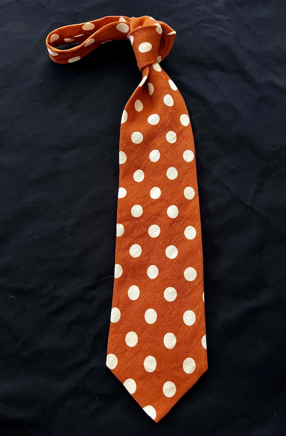 80s Orange Rust Polka Dot Linen Tie by Sporting Co