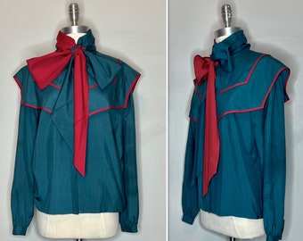 80s Marc D'Alcy for Belame Teal Blue Silk and Wool Blend Ruffled Blouse with Separate Sash for Bow/ Deep Red Trim/Double Collar/Vtg Size 10