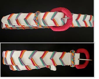 80s Woven Leather Belt: Ginnie Johansen White Belt, Colorful  display picture 1
