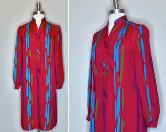 1980s Schrader Sport Petites Vibrant Fuchsia Abstract Novelty Print Polyester Sheath Dress/Banded Collar/Front Button Placket/Vintage Size 8