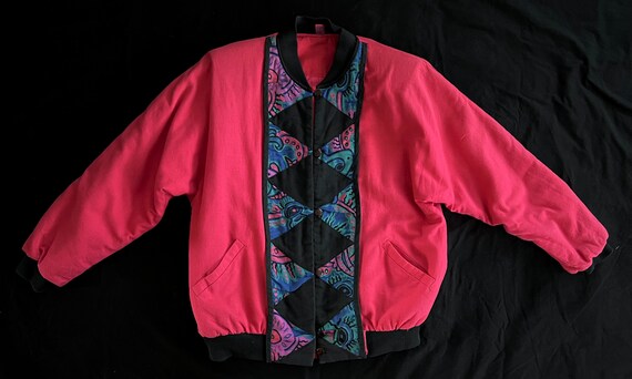 80s/90s Hot Pink Cotton Bomber Jacket With Graphic Batik