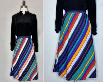 80s Blue, Grey, Black, Gold and Red Striped Cotton Blend Full Midi Length Circle Skirt/Biased Cut/Lightweight Vintage Skirt/Waist 29 inches