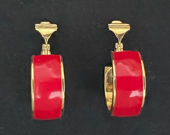 1980s Monet Small Red Enamel and Gold Tone Hoop Clip On Earrings/Signed Monet Copyright/Hinged Clip Backing/Vintage Estate Costume Jewelry