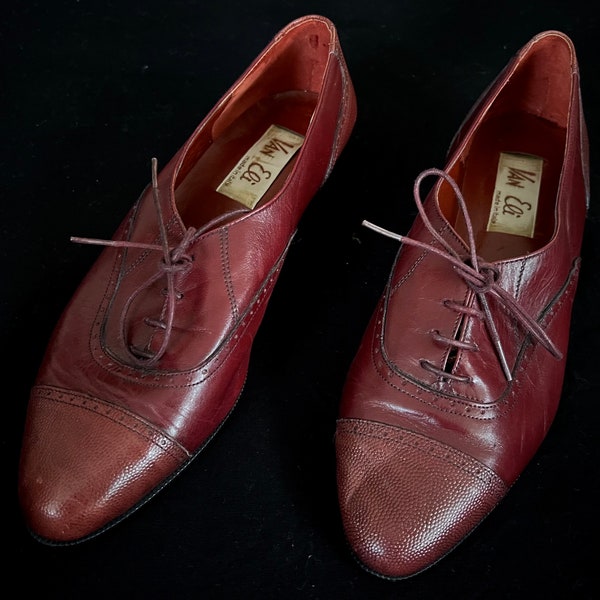 1980s Van Eli Oxblood Leather Cap Toe Oxford Shoes/Wing Tip Design/4 Hole Tie Shoes/Made in Italy/Size 7 Medium