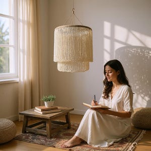 Könnte beinhalten: Ein cremefarbener, zweistufiger Perlen-Kronleuchter hängt von der Decke. Die Leuchte befindet sich über einem kleinen Holztisch mit Büchern und einer Topfpflanze. Eine Frau in einem weißen Kleid sitzt auf einem gemusterten Teppich.