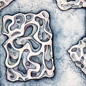 May include: Abstract watercolor painting featuring four white shapes with intricate blue, green, and purple patterns on a blue background.