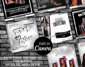 15 Silver Social Media Bundles- Appointment Flyer, Book Now Flyer, Calender Flyer, Hairstylist, Nail, Lash, MUA, Braid
