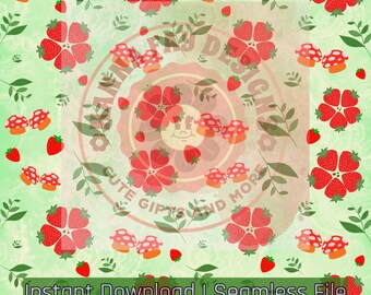 Cottagecore Strawberry Mushroom Seamless Pattern, Whimsical Digital Paper (PNG)