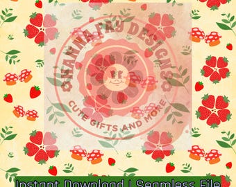 Strawberry Mushroom Seamless Pattern, Cottagecore Digital Paper (PNG)