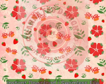 Strawberry Mushroom Seamless Pattern, Cottagecore Digital Paper (PNG)