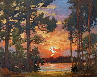 May include: A painting of a sunset over a lake, with tall trees in the foreground. The sky is a vibrant orange and pink, with clouds reflecting the light. The water is calm and still, reflecting the colors of the sky.