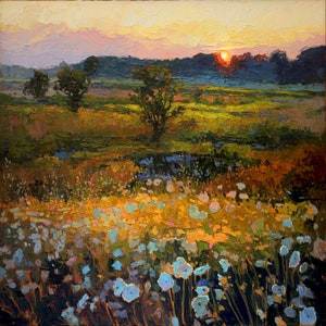 Daybreak - Meadow Sunset - Giclee Fine Art PRINT of Original Painting matted to 12x12 by Jan Schmuckal