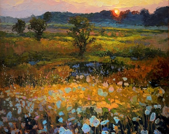 Daybreak - Meadow Sunset - Giclee Fine Art PRINT of Original Painting matted to 12x12 by Jan Schmuckal