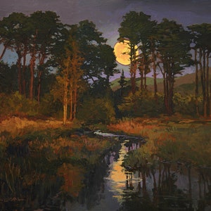 Marsh Moonrise - Giclee Fine Art PRINT of Original Painting matted to 16x20 by Jan Schmuckal Mission Arts and Crafts Style