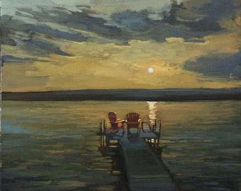 May include: Two red chairs sit on a wooden jetty overlooking a lake at sunset. The sky is a mix of blue, grey, and yellow with a bright sun shining through the clouds. The water is calm and reflects the colours of the sky.