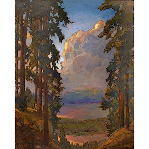 Nubes sobre el lago - Impresión artística de paisaje lacustre, firmada por Jan Schmuckal y enmarcada en papel pintado de 11x14 pulgadas.